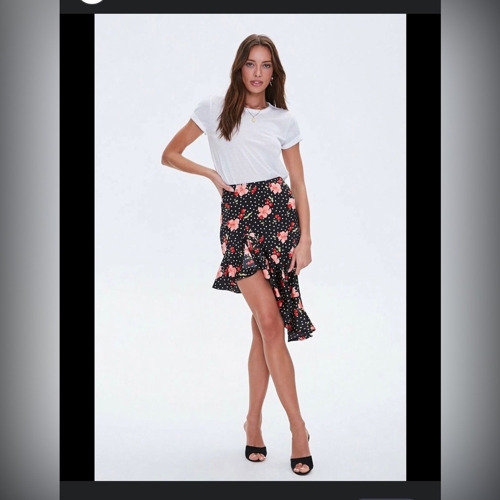 Black floral & cherry ruffle asymmetrical hem skirt rockabilly hi low skirt